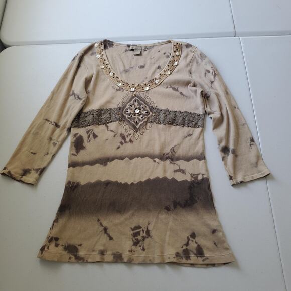 Unknown Tops - Boho Fairy Grunge Shirt Womens Large Beige Beaded Crochet Embroidered Rhinestone